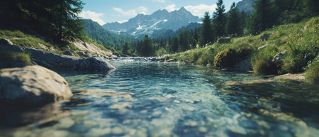 Crystal clear mountain stream flows through lush green terrain under a bright skyの素材