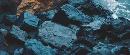 Volcanic rocks on black sand beach with crashing ocean waves under dramatic skiesの素材