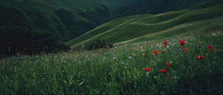Cinematic pattern of rolling hills adorned with vibrant wildflowers at dusk