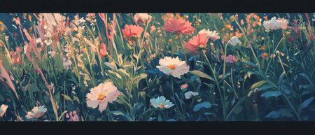 Colorful wildflower meadow with vibrant blooms in a serene natural setting during daylightの素材