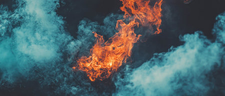 Dynamic fire texture on black background showcasing vibrant orange and blue hues from a low angleの素材