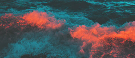 Cinematic panoramic view of a vibrant sunset illuminating the ocean wavesの写真素材