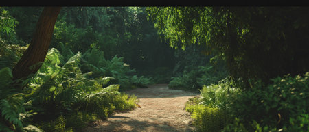 Serene forest path illuminated by soft dappled sunlight in lush greeneryの写真素材