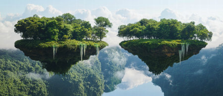 Floating islands with lush vegetation and cascading waterfalls in a magical landscapeの素材