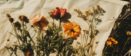 Handmade paper featuring an array of colorful pressed flowers on a light backgroundの素材