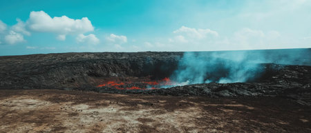 Dramatic view of a volcanic landscape with smoke and lava under a bright skyの写真素材