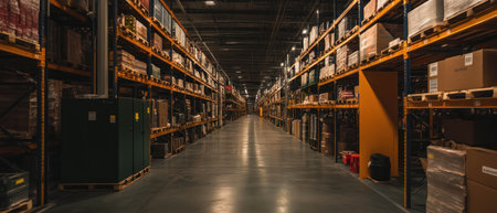 Expansive view of an automated distribution center with organized shelving and spacious aislesの素材