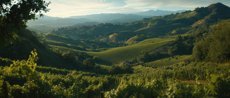 Cinematic view of lush vineyards stretching across rolling hills in the countryside