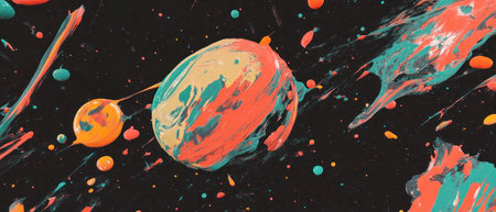 Energetic splatter paint effects create a vibrant abstract background in neon colorsの素材