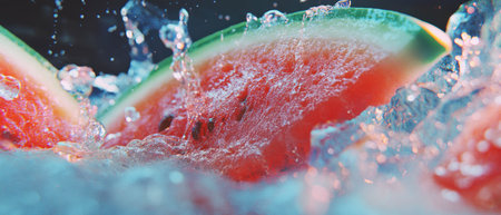 Juicy macro shot of a fresh watermelon slice splashing in waterの素材