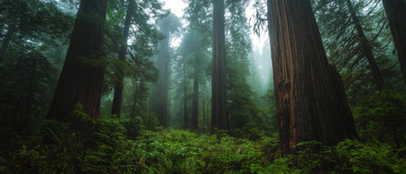 Mystical ancient forest filled with towering old growth trees and lush greeneryの素材