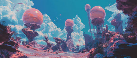 Whimsical landscape with floating orbs in a vibrant fantasy world of imaginative beautyの素材