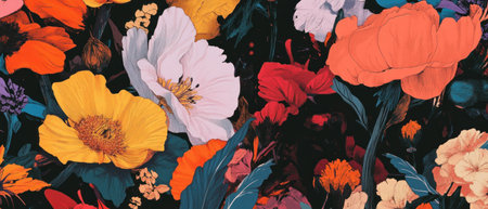 Vibrant abstract floral patterns featuring bold outlines and rich colorsの素材