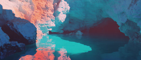 Majestic ice cave revealing a stunning underground lake of crystal clear blue waterの写真素材