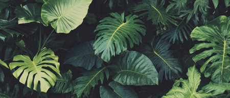 Lush tropical rainforest canopy pattern viewed from above in vibrant greens and shadesの写真素材