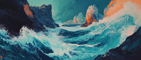 Vibrant sea waves crashing against rugged cliffs at sunset near a coastal landscapeの素材