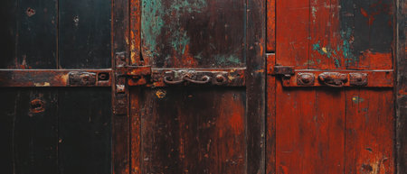Weathered wooden door with rusted hinges revealing its rich history and characterの素材