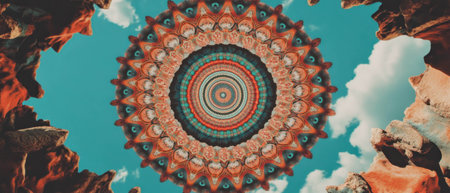 Colorful mandala pattern surrounded by rock formations and a clear blue skyの素材