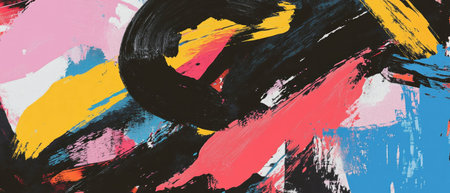Playful brush strokes create a dynamic and colorful background of contrasting huesの素材