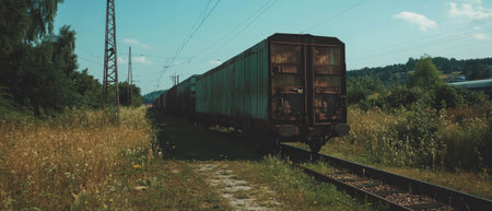 Vintage freight car resting on the railway surrounded by tall grass and treesの素材
