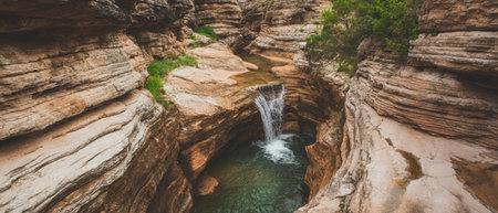 Arid canyon with dry waterfalls revealing dramatic erosion and rugged rock formationsの素材