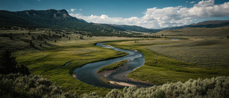 Cinematic view of a tranquil river winding through a lush valley landscapeの写真素材