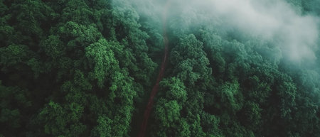 Misty forest path reveals hidden beauty and tranquility in natures embraceの素材