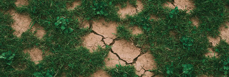 Short patchy grass with bare spots and dry texture viewed from aboveの素材
