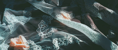 Delicate lace overlay with floral accents creating a soft, elegant textureの素材