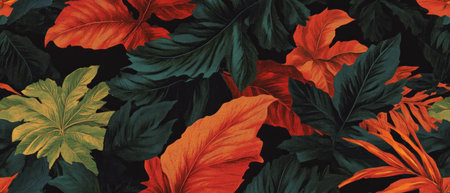 Vibrant autumn leaf texture in rich colors of red, orange, and green from a top view