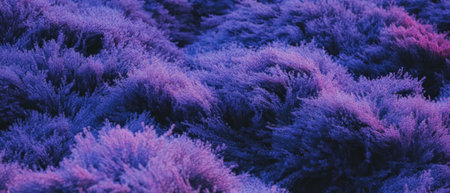 Expansive lavender fields create a stunning textured pattern from a top view perspective