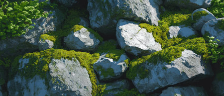 Rustic stone wall texture with cinematic feel and moss accentuation in natural light