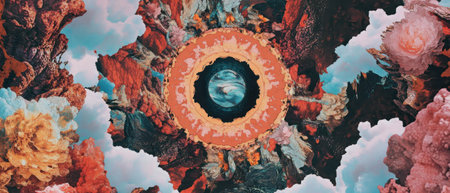 Intricate mandala pattern featuring colorful designs and celestial elements in vibrant huesの素材