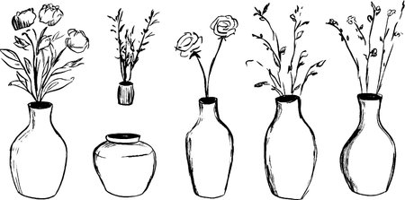 Hand-Drawn Vases with Floral Arrangementsのイラスト素材