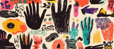 Colorful whimsical doodle overlay texture with varied hand illustrations and floral patternsの素材
