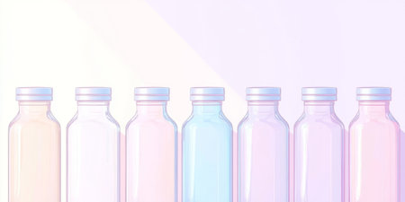 Vibrant glass vials arranged on a contrasting empty backdrop with clean and soft shadows, creating a modern aestheticの写真素材