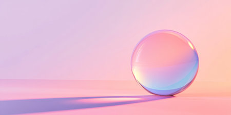 Explore the captivating play of light and color in a serene setting featuring a crystal ball on a minimalist canvasの写真素材