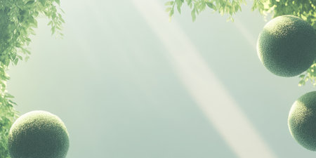 Contrast banner with empty space surrounded by moss balls and soft shadows in a serene environment