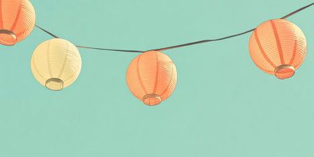 Colorful lanterns hang against a serene backdrop creating a festive atmosphere for various...