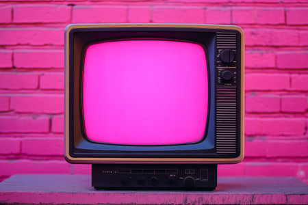 Vintage analog TV displaying a glitch texture with vibrant pink color against a brick backgroundの素材