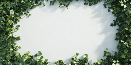 Bright banner framed by lush ivy garlands creating a tranquil backdrop for design and messagingの写真素材