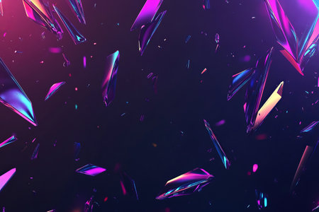 Shimmering holographic shards create a dazzling display of colors against a dark background in an artistic arrangementの写真素材