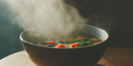 Steaming vegetable broth with colorful ingredients in a cozy settingの素材