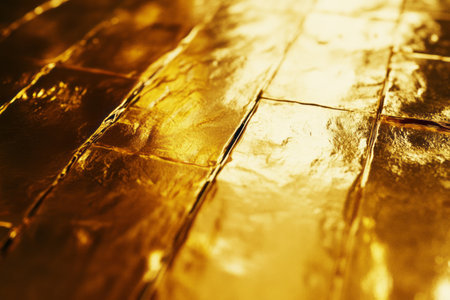 Smooth gold bar surface exhibits sharp reflections and intricate texture details under soft lighting conditionsの写真素材