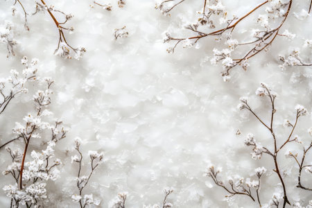 Clear ice texture with embedded snowflakes and delicate twigs captured in a wintery landscapeの素材