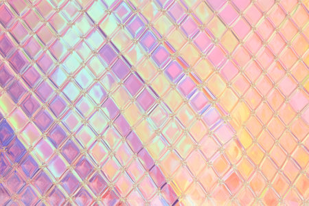 Reflective holographic texture with colorful geometric patterns and light reflections during daylightの写真素材