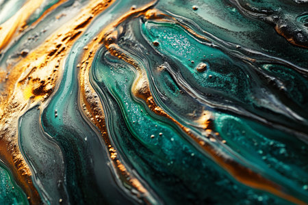 Polished copper texture displaying beautiful aged patina with vibrant swirls and intricate patternsの写真素材