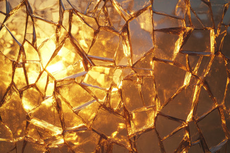 Shattered glass texture glowing with golden edges under warm lightの写真素材