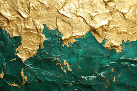 Textured surface of weathered antique gold with turquoise sheen exhibits vintage charm and eleganceの写真素材