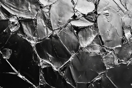 Texture of ice-like glass with intricate frozen cracks creating a striking visual effect in...